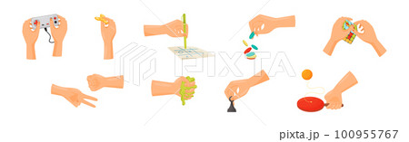 Human Hand Playing Different Game with Toys Vector Set 100955767