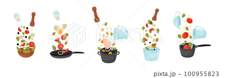 Food Preparation with Floating Ingredients for Cooking and Utensils Vector Set Food Preparation with Floating Ingredients for Cooking and Utensils Vector Set 100955823
