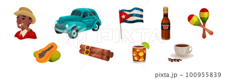 Cuba Symbols with Car, Flag, Maraca, Cigar, Papaya, Coffee and Alcohol in Glass Vector Set Cuba Symbols with Car, Flag, Maraca, Cigar, Papaya, Coffee and Alcohol in Glass Vector Set 100955839