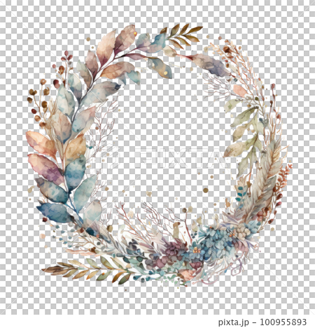 Boho Style Watercolor Wreath. Illustration AI Generative Boho Style Watercolor Wreath. Illustration AI Generative 100955893
