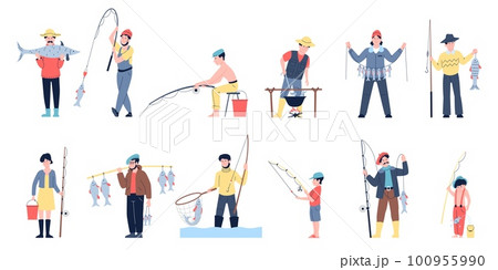 Fisherman cartoon set, action with rod and holding fish. Fishermen lake relax, summer outdoor hobby. Boy man recreation on nature recent vector characters 100955990