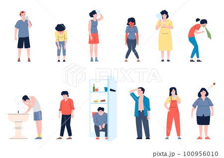 Sun stroke and dehydration after exercise. Adults heat strokes symptoms, sunny summer hot. High temperature, heated flat recent vector characters Sun stroke and dehydration after exercise. Adults heat strokes symptoms, sunny summer hot. High temperature, heated flat recent vector characters 100956010