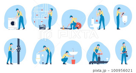 Plumbers working, repair pipes and toilet. Technician in bathroom, plumbing and construction. Handyman service, flat professionals recent vector characters Plumbers working, repair pipes and toilet. Technician in bathroom, plumbing and construction. Handyman service, flat professionals recent vector characters 100956021