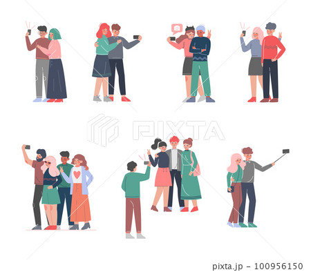 People Characters Taking Photos Selfie with Smartphone Vector Set 100956150