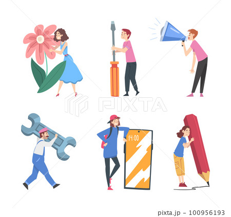 Tiny People Characters Holding Huge Objects Vector Set 100956193
