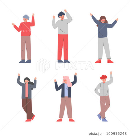 Excited Man and Woman with Raised Up Hands Cheering About Something Vector Set Excited Man and Woman with Raised Up Hands Cheering About Something Vector Set 100956248