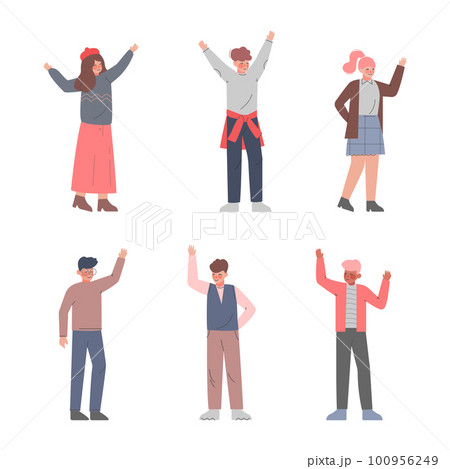 Excited Man and Woman with Raised Up Hands Cheering About Something Vector Set 100956249