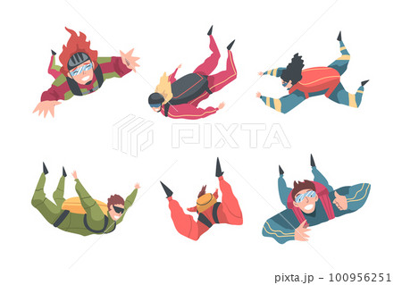 Young Man and Woman Paratrooper Free-falling in the Air with Parachute Vector Set 100956251