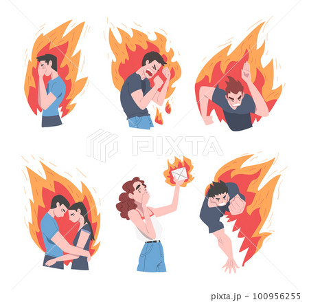 Burning Man and Woman Character Feeling Anger and anguish Vector Set Burning Man and Woman Character Feeling Anger and anguish Vector Set 100956255