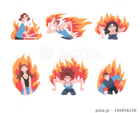 Burning Man and Woman Character Feeling Anger and anguish Vector Set 100956256