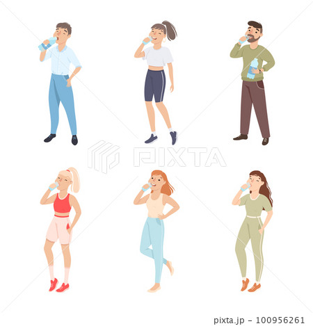 Young Man and Woman Standing and Drinking Pure Still Water from Plastic Bottle Quenching Thirst Vector Set 100956261