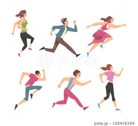 Man and Woman Character Running in a Hurry and Hasten Somewhere Vector Set 100956269