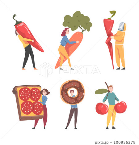 Man and Woman Interacting with Large Food Vector Set 100956279