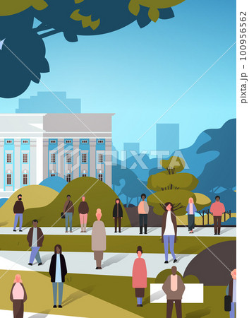 multiethnic people group walking outdoor mix race men women citizens crowd going along city street cityscape background 100956562