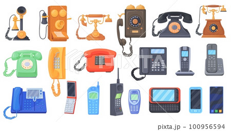 Vintage phones and smartphones. First telephone, old cellphone or modern smartphone set, call communication invention, retro mobile digital phone evolution neat vector illustration 100956594