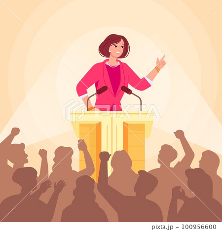 Woman politician. Female american politic speaker at faculty podium stage talk speech lecture to press audience business or political candid meeting, leadership vector illustration 100956600