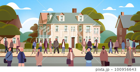 multiethnic people group walking outdoor mix race men women citizens crowd going along city street cityscape background 100956643