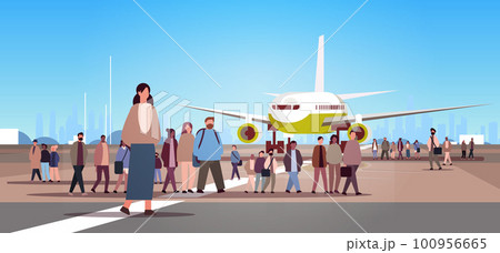 multiethnic people group standing near airplane mix race men women crowd at airport terminal cityscape background multiethnic people group standing near airplane mix race men women crowd at airport terminal cityscape background 100956665