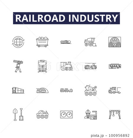Railroad industry line vector icons and signs. Railroad, Tracks, Locomotive, Train, Coal, Rolling-stock, Transport, Cargo outline vector illustration set 100956892