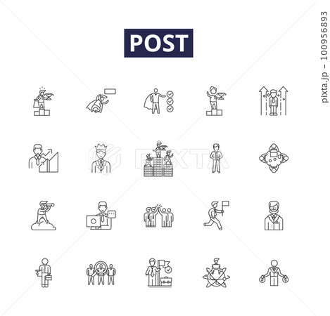 Post line vector icons and signs. Package, Box, Stamp, Delivery, Dispatch, Office, Card, Service outline vector illustration set 100956893