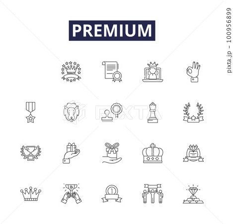 Premium line vector icons and signs. Lavish, Splurge, Expensive, Prime, Esteemed, Upscale, Exclusive, Selective outline vector illustration set Premium line vector icons and signs. Lavish, Splurge, Expensive, Prime, Esteemed, Upscale, Exclusive, Selective outline vector illustration set 100956899