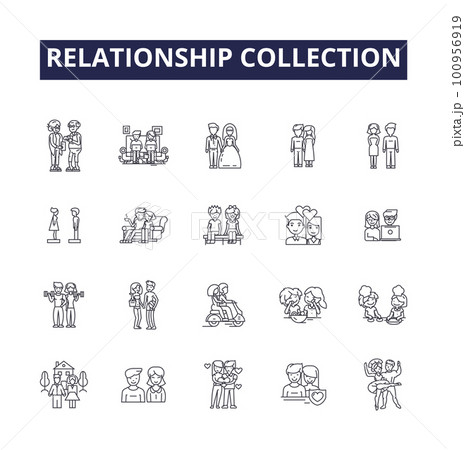 Relationship collection line vector icons and signs. interactions, bonds, affiliations, ties, alliances, pairings, liaisons, linkages outline vector illustration set 100956919