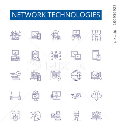 Network technologies line icons signs set. Design collection of Networking, Technologies, LAN, WAN, Routers, Switches, Bridges, Modems outline concept vector illustrations Network technologies line icons signs set. Design collection of Networking, Technologies, LAN, WAN, Routers, Switches, Bridges, Modems outline concept vector illustrations 100956922