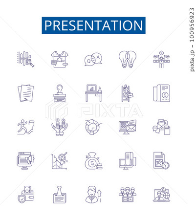 Presentation line icons signs set. Design collection of Presentation, Speech, Talk, Slideshow, Demonstration, Address, Lecture, Summary outline concept vector illustrations 100956923