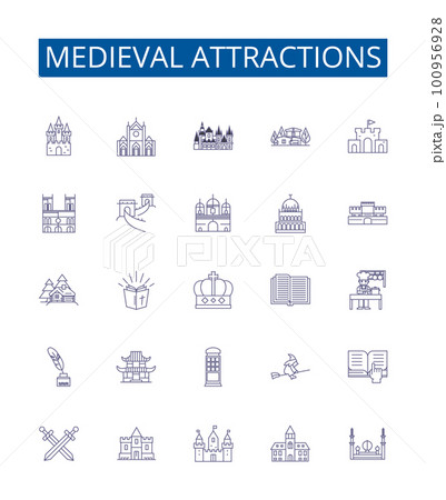 Medieval attractions line icons signs set. Design collection of Castles, Dungeons, Weapons, Armor, Cathedrals, Monasteries, Forts, Siege outline concept vector illustrations 100956928