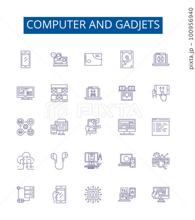 Computer and gadjets line icons signs set. Design collection of Hardware, Software, Networking, Laptops, Monitors, Printers, Scanners, Routers outline concept vector illustrations 100956940