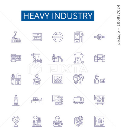 Heavy industry line icons signs set. Design collection of Manufacturing, Fabrication, Machining, Mining, Metallurgy, Automation, Robotics, Steelmaking outline concept vector illustrations 100957024