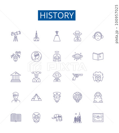 History line icons signs set. Design collection of Past, Era, Age, Chronicle, Annals, Antiquity, Time, Memory outline concept vector illustrations 100957025