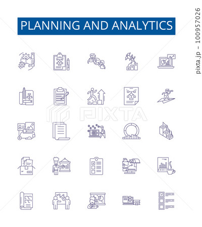 Planning and analytics line icons signs set. Design collection of Planning, Analytics, Strategy, Forecasting, Evaluation, Analysis, Optimization, Design outline concept vector illustrations 100957026
