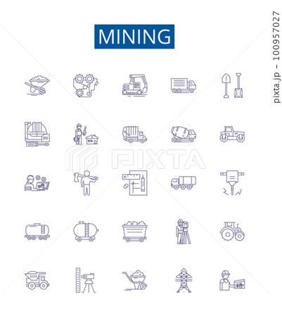 Mining line icons signs set. Design collection of Extracting, Digging, Unearthing, Uncovering, Drilling, Essaying, Quarrying, Panning outline concept vector illustrations 100957027