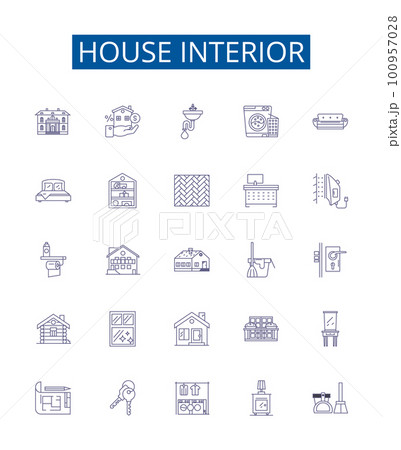 House interior line icons signs set. Design collection of Furnishings, Decor, Walls, Lighting, Ceiling, Flooring, Carpeting, Window outline concept vector illustrations 100957028