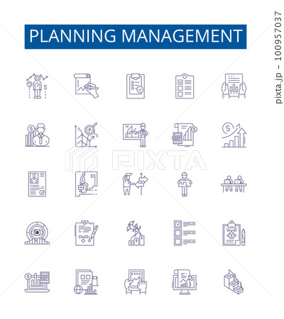 Planning management line icons signs set. Design collection of Planning, Management, Organization, Structure, Strategy, Budgeting, Analysis, Goal outline concept vector illustrations 100957037