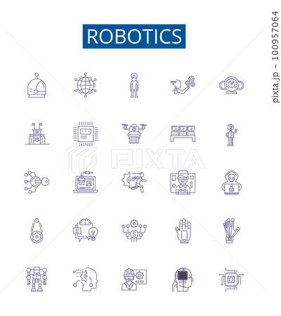 Robotics line icons signs set. Design collection of Robotics, Automation, Artificial, Intelligence, Machines, Coding, Algorithms, Control outline concept vector illustrations 100957064