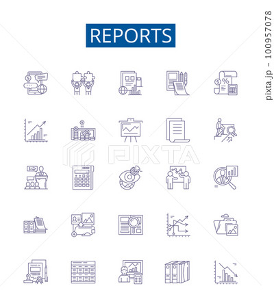 Reports line icons signs set. Design collection of Records, Surveys, Findings, Evaluations, Accounts, Analyses, Summaries, Data outline concept vector illustrations 100957078