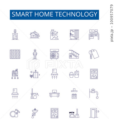 Smart home technology line icons signs set. Design collection of Smart, Home, Technology, Automation, Connected, Security, Climate, Lighting outline concept vector illustrations 100957079