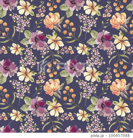 Seamless pattern with delicate flowers. watercolor illustration, on a blue background. 100957088