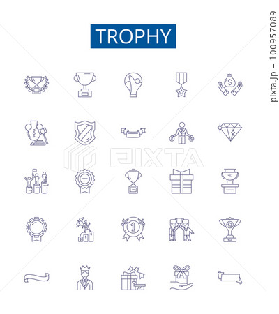 Trophy line icons signs set. Design collection of Prize, Award, Cup, Plaque, Medal, Emblem, Keepsake, Mark outline concept vector illustrations Trophy line icons signs set. Design collection of Prize, Award, Cup, Plaque, Medal, Emblem, Keepsake, Mark outline concept vector illustrations 100957089