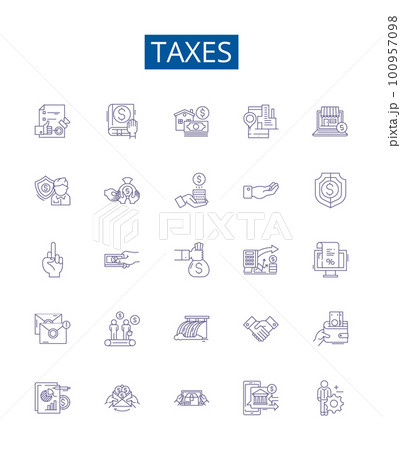 Taxes line icons signs set. Design collection of Levy, Duty, Tariff, Excise, Deduction, Withholding, Collection, Revenue outline concept vector illustrations Taxes line icons signs set. Design collection of Levy, Duty, Tariff, Excise, Deduction, Withholding, Collection, Revenue outline concept vector illustrations 100957098