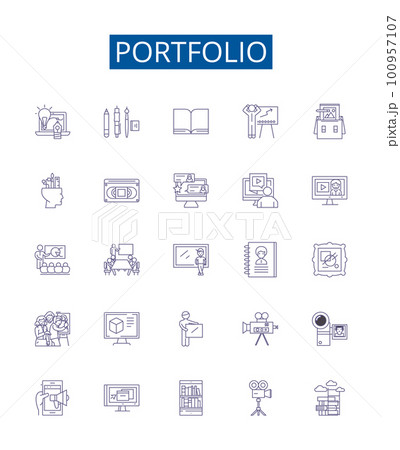 Portfolio line icons signs set. Design collection of Portfolio, Investment, Assets, Funds, Risk, Returns, Securities, Holdings outline concept vector illustrations 100957107