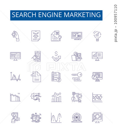Search engine marketing line icons signs set. Design collection of SEM, SEO, Advertising, Analytics, Traffic, PPC, CTR, CPC outline concept vector illustrations 100957110