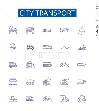 City transport line icons signs set. Design collection of Urban, Transportation, Bus, Subway, Metro, Automobile, Bicycle, Taxi outline concept vector illustrations 100957113