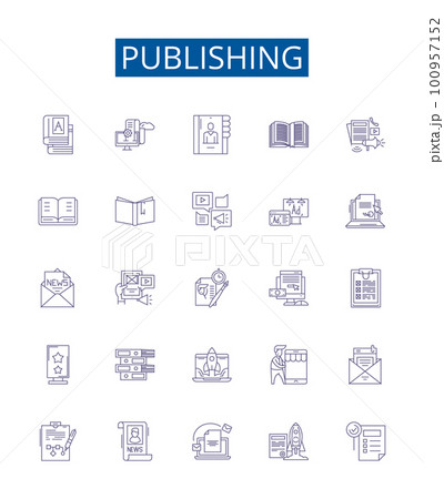 Publishing line icons signs set. Design collection of Printing, distribution, editing, marketing, manuscripts, magazines, books, newspapers outline concept vector illustrations 100957152