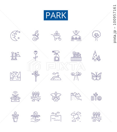 Park line icons signs set. Design collection of Park, Parkland, Amusement, Recreation, Forest, Nature, Trails, Picnic outline concept vector illustrations 100957161