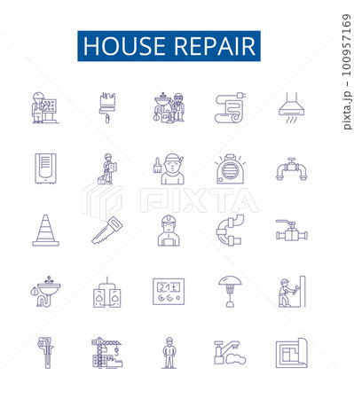 House repair line icons signs set. Design collection of Housekeeping, Plumbing, Painting, Tiling, Carpentry, Roofing, Caulking, Insulation outline concept vector illustrations House repair line icons signs set. Design collection of Housekeeping, Plumbing, Painting, Tiling, Carpentry, Roofing, Caulking, Insulation outline concept vector illustrations 100957169