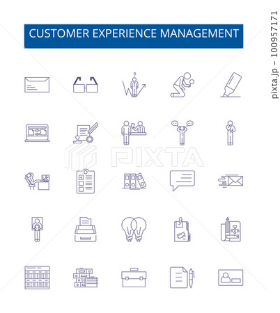 Customer experience management line icons signs set. Design collection of Customer, Experience, Management, Improvement, Engagement, Feedback, Data, Processes outline concept vector illustrations Customer experience management line icons signs set. Design collection of Customer, Experience, Management, Improvement, Engagement, Feedback, Data, Processes outline concept vector illustrations 100957171
