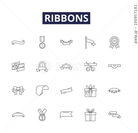 Ribbons line vector icons and signs. Grosgrain, Satin, Organza, Tulle, Lace, Sheer, Velvet, Metallic outline vector illustration set Ribbons line vector icons and signs. Grosgrain, Satin, Organza, Tulle, Lace, Sheer, Velvet, Metallic outline vector illustration set 100957181